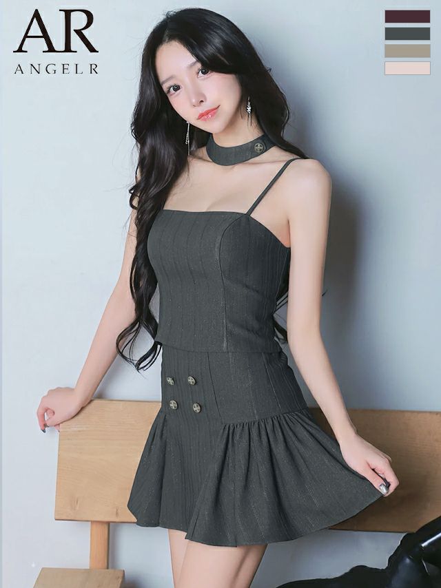 ホルターネック チョーカーデザイン ダブルボタン セットアップ プリーツ フレアミニドレス