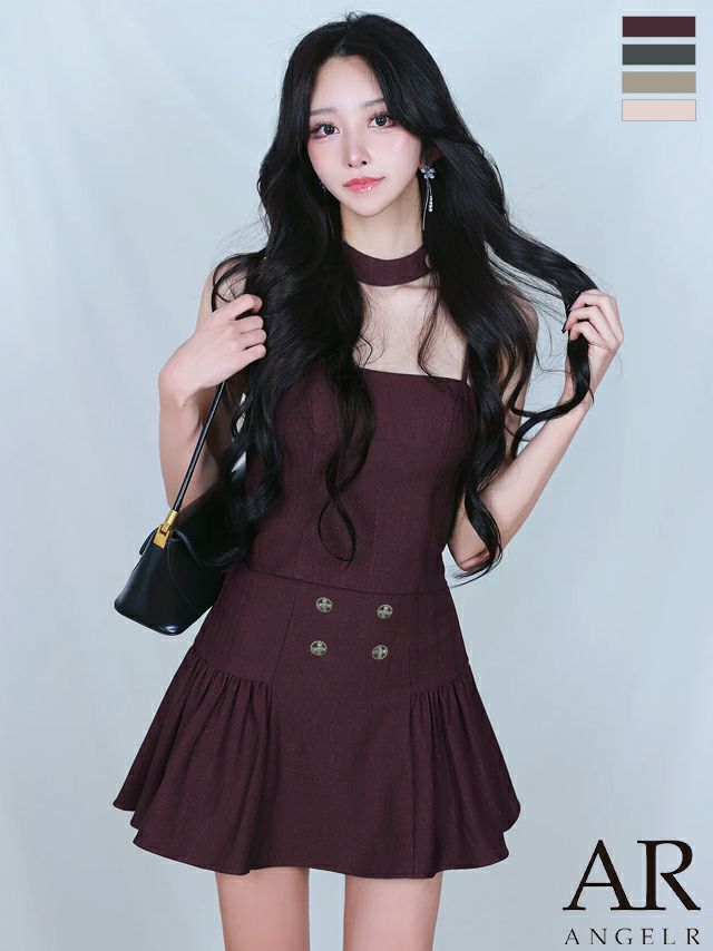 ホルターネック チョーカーデザイン ダブルボタン セットアップ プリーツ フレアミニドレス