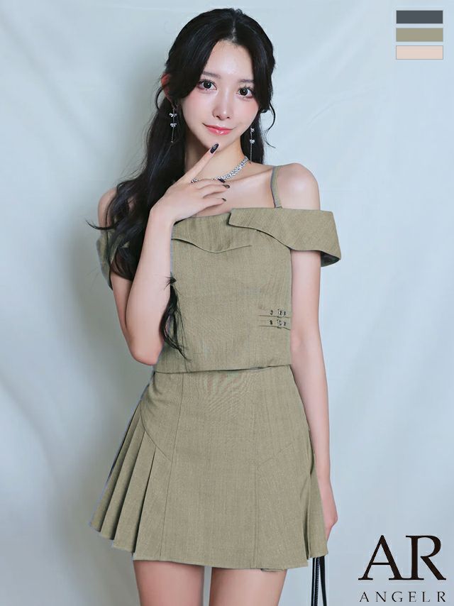 2way オフショルダー 肩開き セットアップ プリーツスカート レイヤード フレアミニドレス