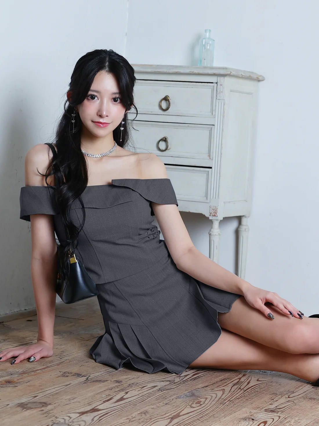 2way オフショルダー 肩開き セットアップ プリーツスカート レイヤード フレアミニドレス