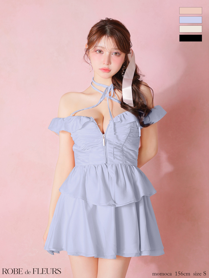 オフショルダー クロスネック セットアップ ジップデザイン フリル シフォン ペプラム フレアミニドレス