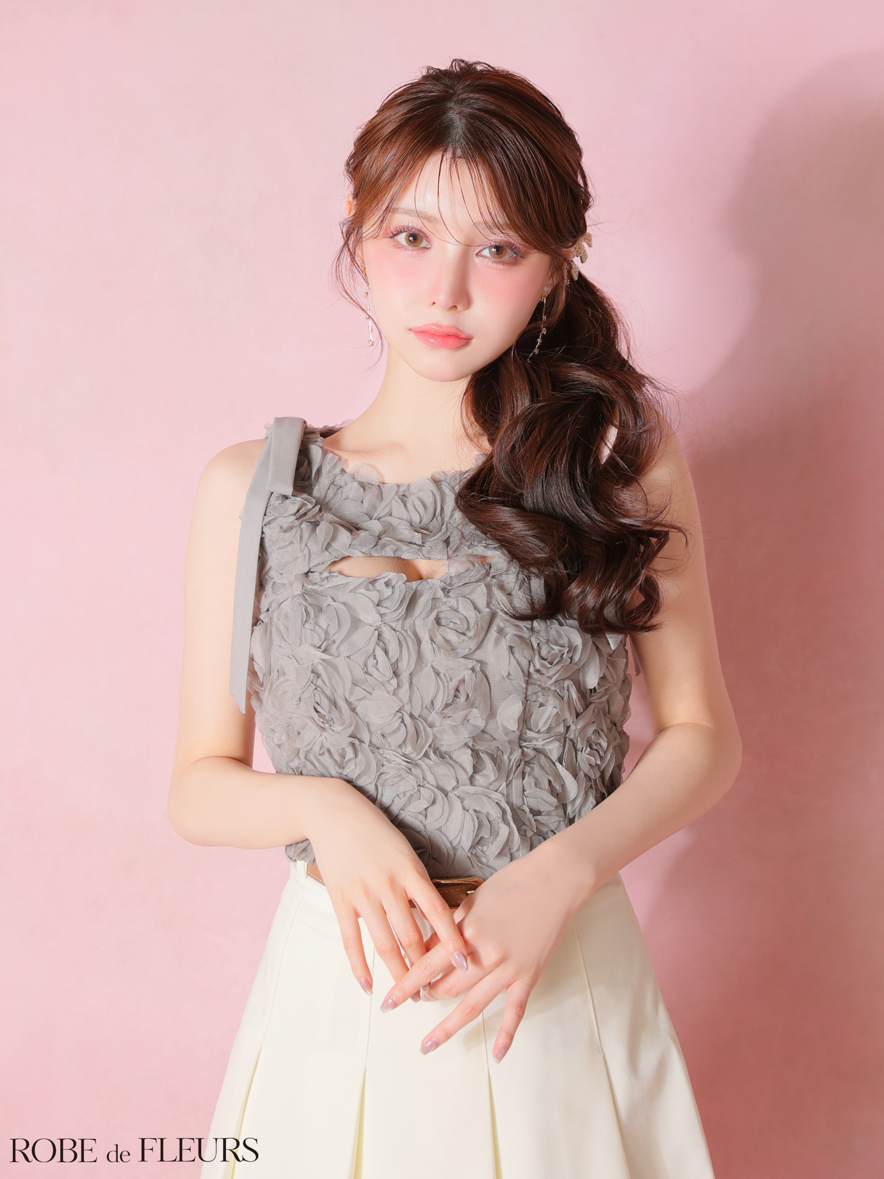 バストカット フラワーレース ウエストベルト セットアップ プリーツスカート ノースリーブ ショルダーリボン フレアミニドレス