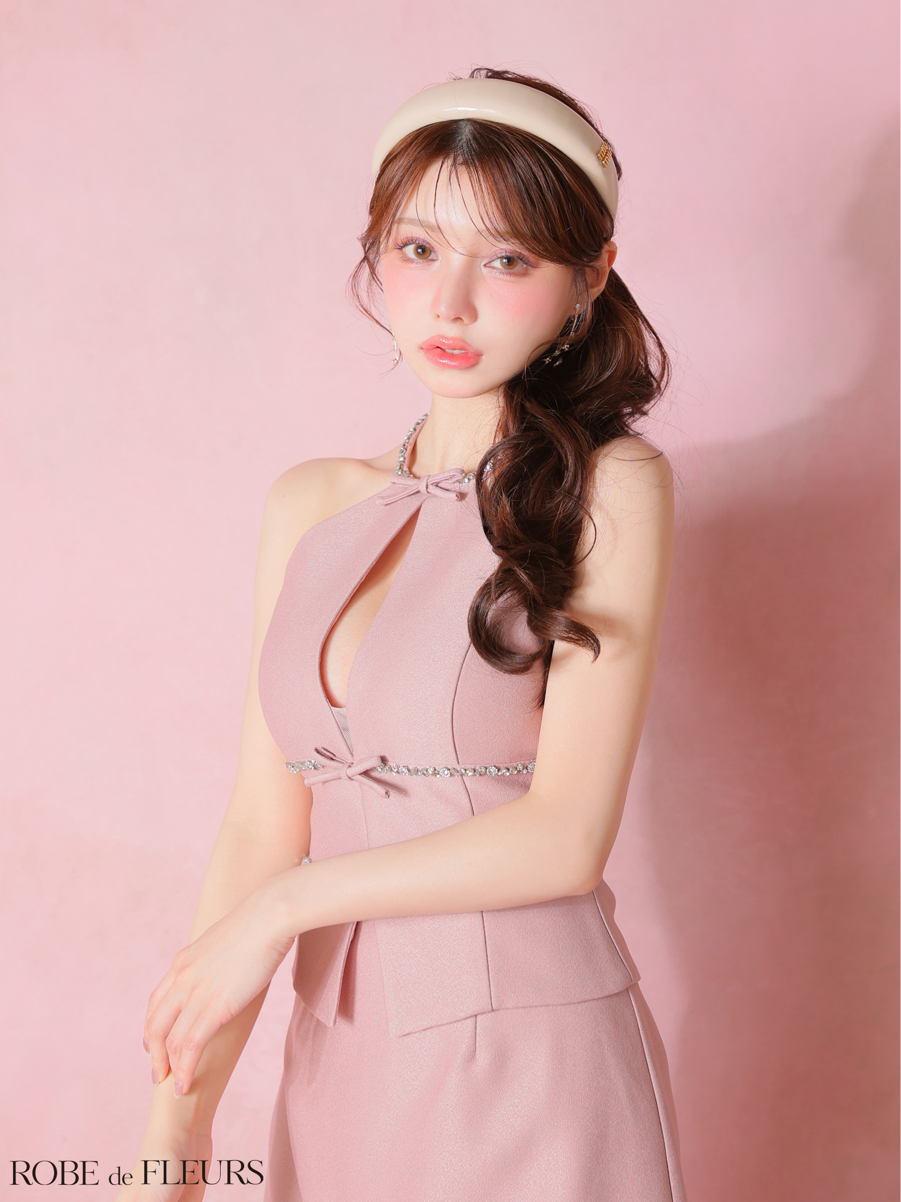 ラメツイル ビジュー リボン ガーリー ホルターネック セットアップ タイトミニドレス