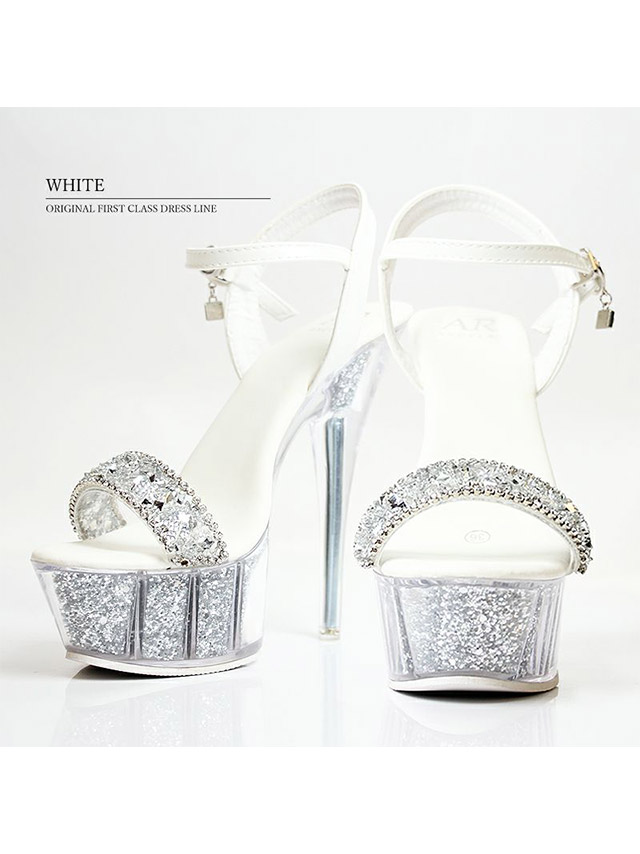 アンクルチャーム付き ワンベルト ラメ入り クリアサンダル オープントゥラメハイヒール