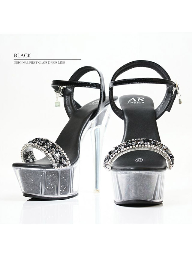 アンクルチャーム付き ワンベルト ラメ入り クリアサンダル オープントゥラメハイヒール