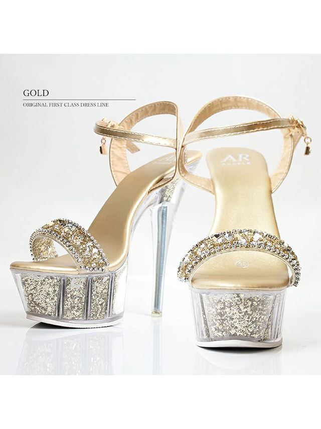 アンクルチャーム付き ワンベルト ラメ入り クリアサンダル オープントゥラメハイヒール