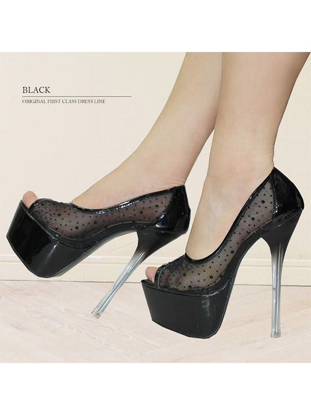 キラキラ ラインストーン シースルー オープントゥラメハイヒール