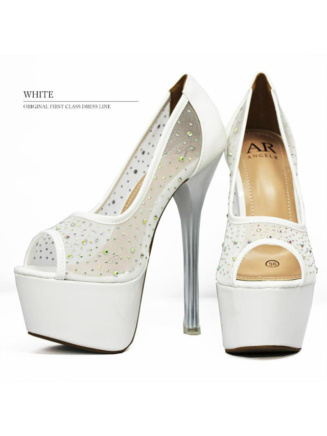 キラキラ ラインストーン シースルー オープントゥラメハイヒール