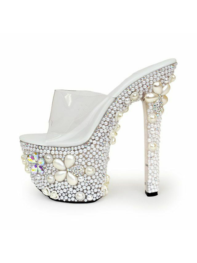 キャバヒール パール×ビジュー 厚底 クリアサンダル