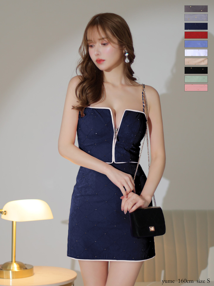 キルティング ジップデザイン スタッズ セットアップ チェーン キャミソール セクシー タイトミニドレス