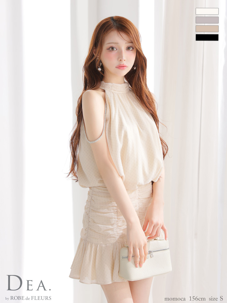 ホルターネック ドット柄 シフォン セットアップ シンプル フレアミニドレス