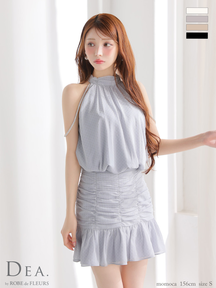 ホルターネック ドット柄 シフォン セットアップ シンプル フレアミニドレス