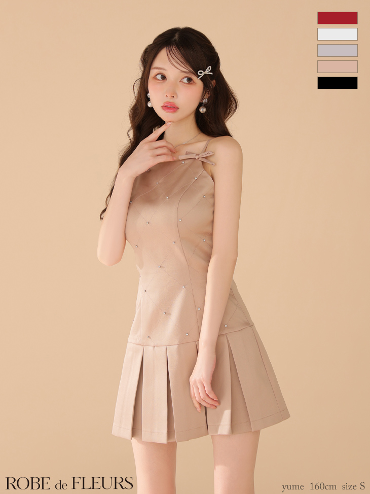 キャミソール ボックスプリーツ ビジュー リボン ガーリー フレアミニドレス