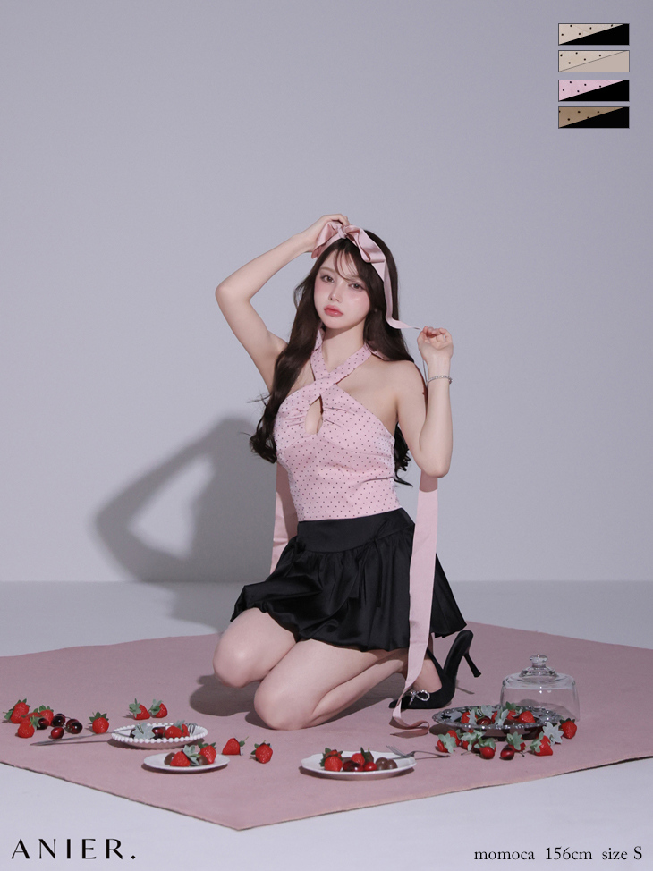 ドット柄 ホルターネック セットアップ バルーンスカート ネックリボン フレアミニドレス