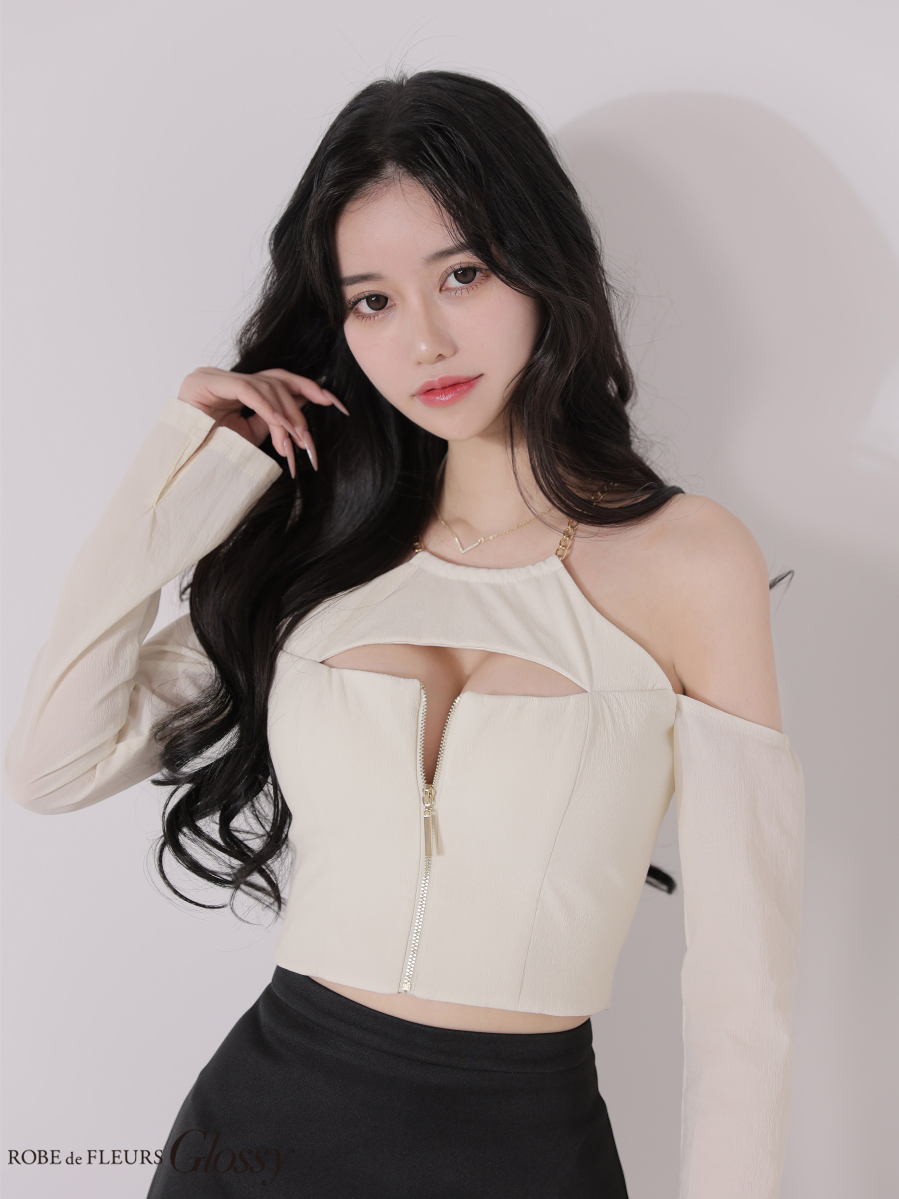 肩あき セットアップ 長袖 チェーンストラップ ジップデザイン バイカラー バストカット フレアミニドレス