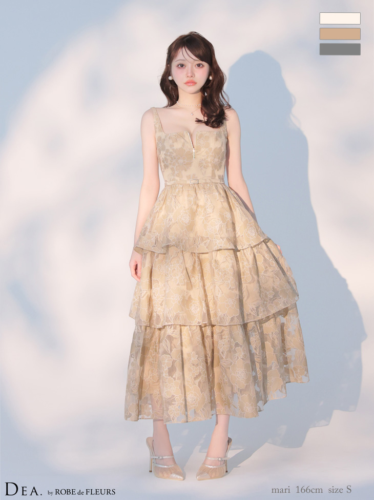 ティアード ジップデザインノースリーブ オーガンジ ウエストベルト フラワー フレアロングドレス