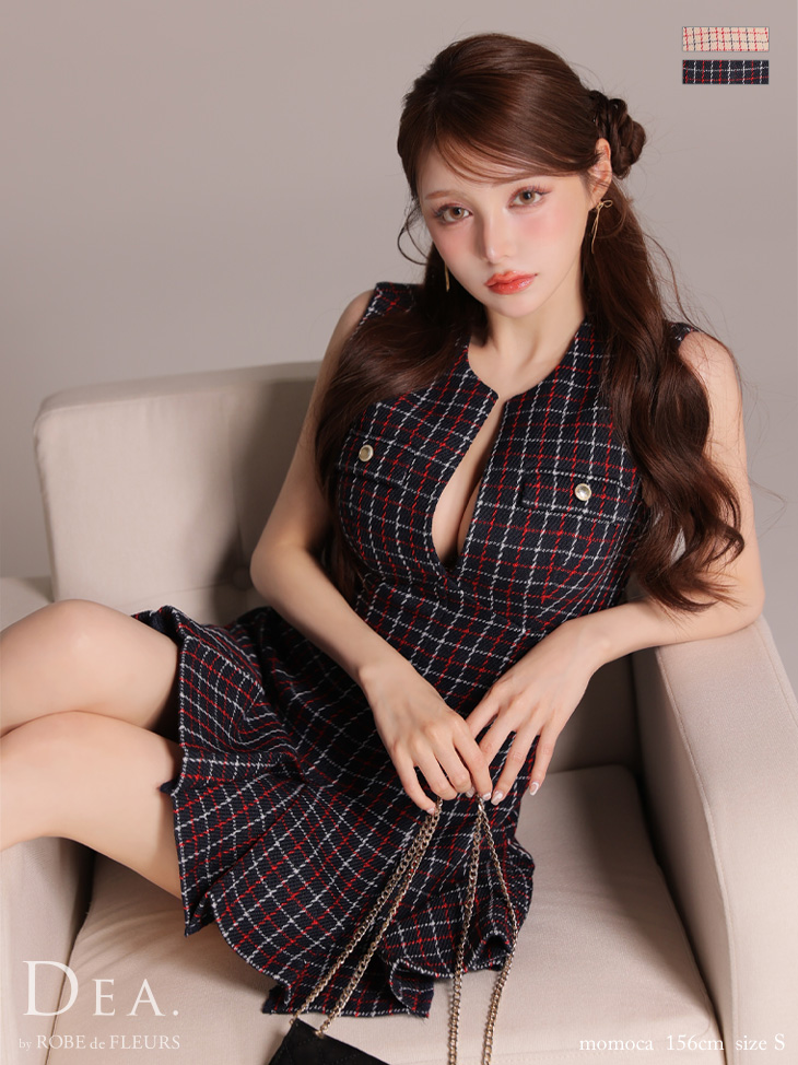 バストカット ノースリーブ チェック柄 ツイード プリーツ クラシカル フレアミニドレス