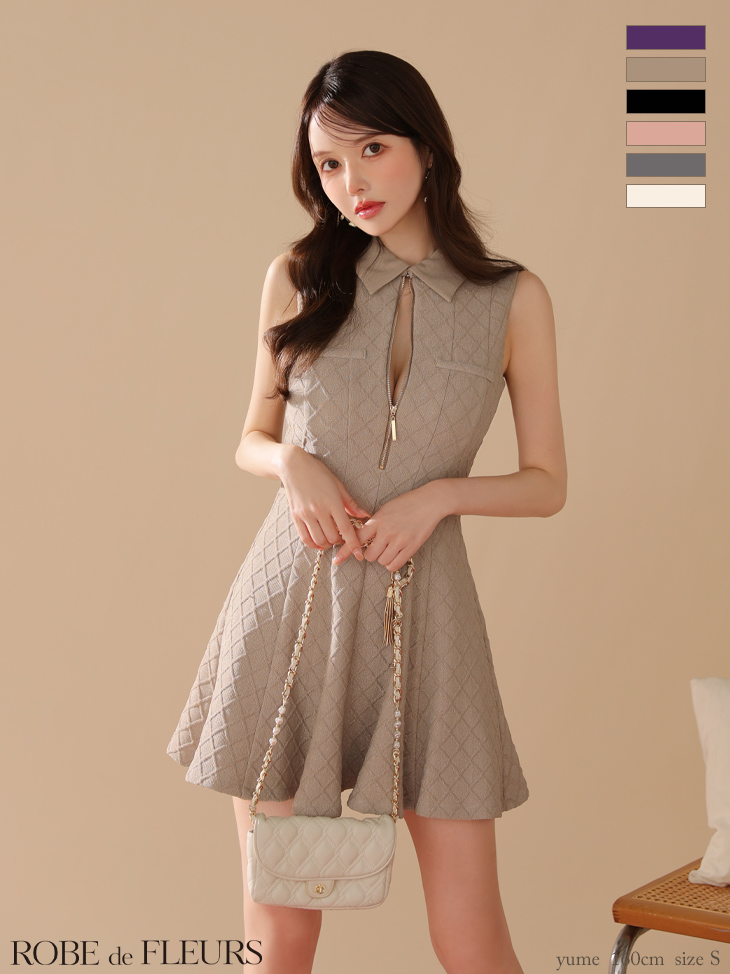 ノースリーブ ラメ 襟付き ジップデザイン ガーリー フレアミニドレス