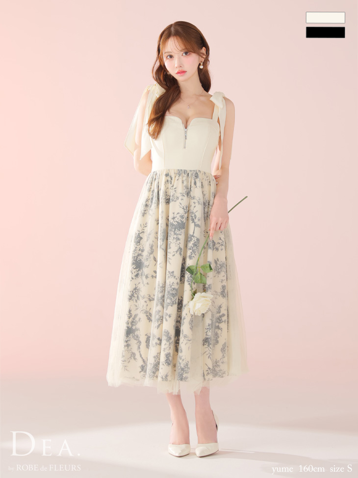 花柄 チュール 肩リボン ジップデザイン ノースリーブ Aラインロングドレス