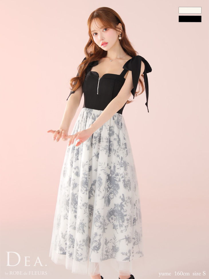 花柄 チュール 肩リボン ジップデザイン ノースリーブ Aラインロングドレス