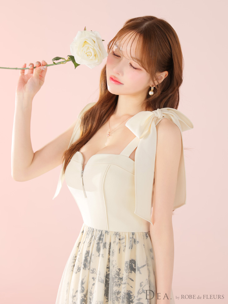 花柄 チュール 肩リボン ジップデザイン ノースリーブ Aラインロングドレス