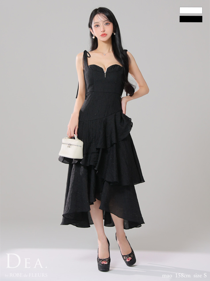 ノースリーブ リボン オープンバスト ジップデザイン ビジュー ジャガード フリル ティアード ドット柄 エレガント Aラインロングドレス