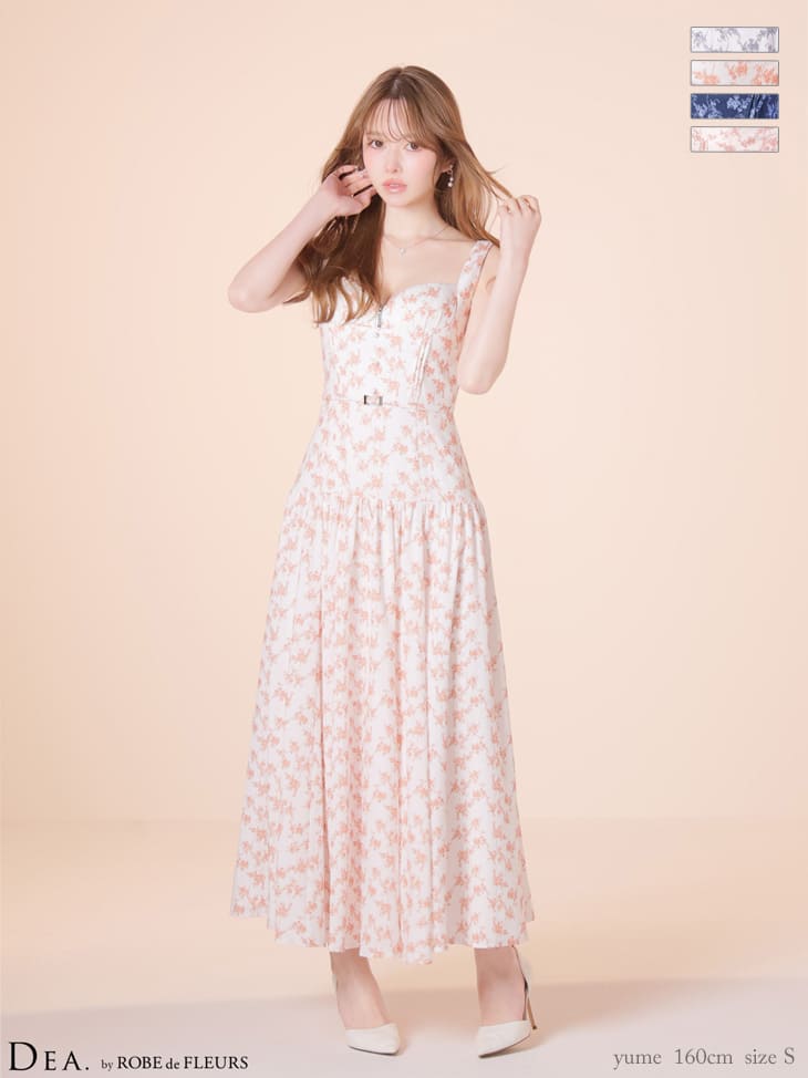 ノースリーブ ハートカット ジップデザイン ウエストベルト ギャザー マットサテン フラワー Aラインロングドレス