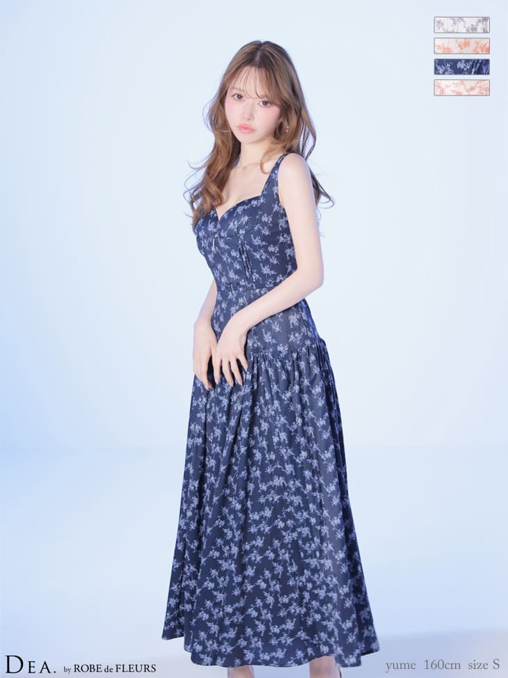 ノースリーブ ハートカット ジップデザイン ウエストベルト ギャザー マットサテン フラワー Aラインロングドレス