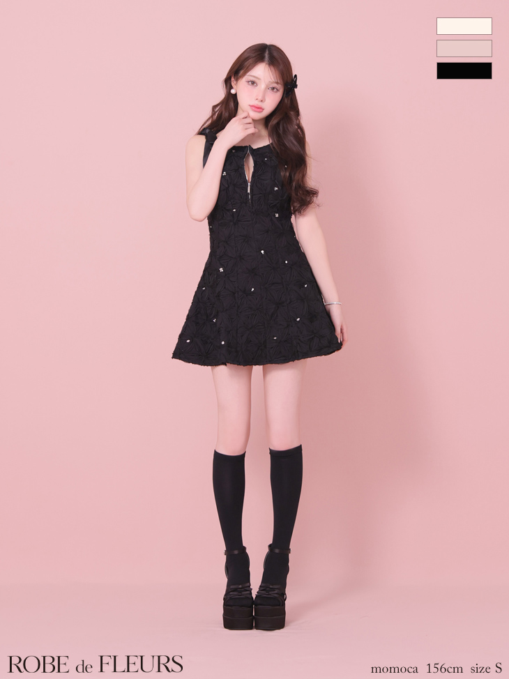 ノースリーブ リボン ジップデザイン ガーリー フラッフィー フラワーレース ビジュー フレアミニドレス