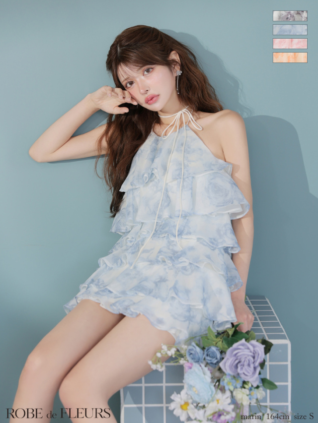 花柄プリント シフォン ホルターネック ティアード フレアミニドレス