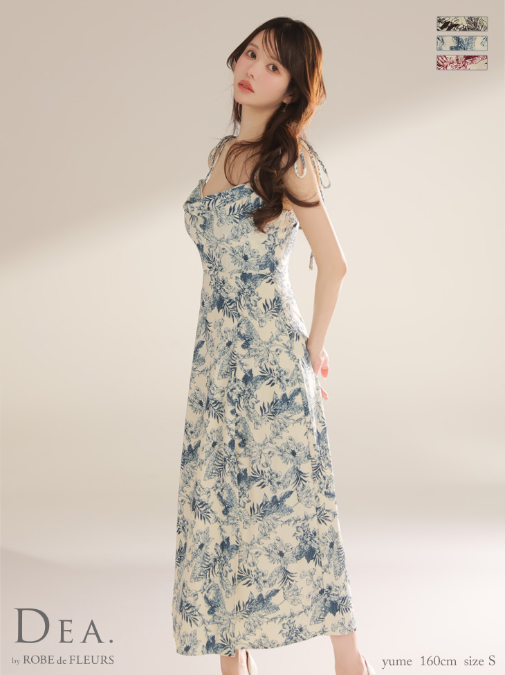 キャミソール ショルダーリボン オープンバスト スリット 花柄 サテン エレガント Aラインロングドレス