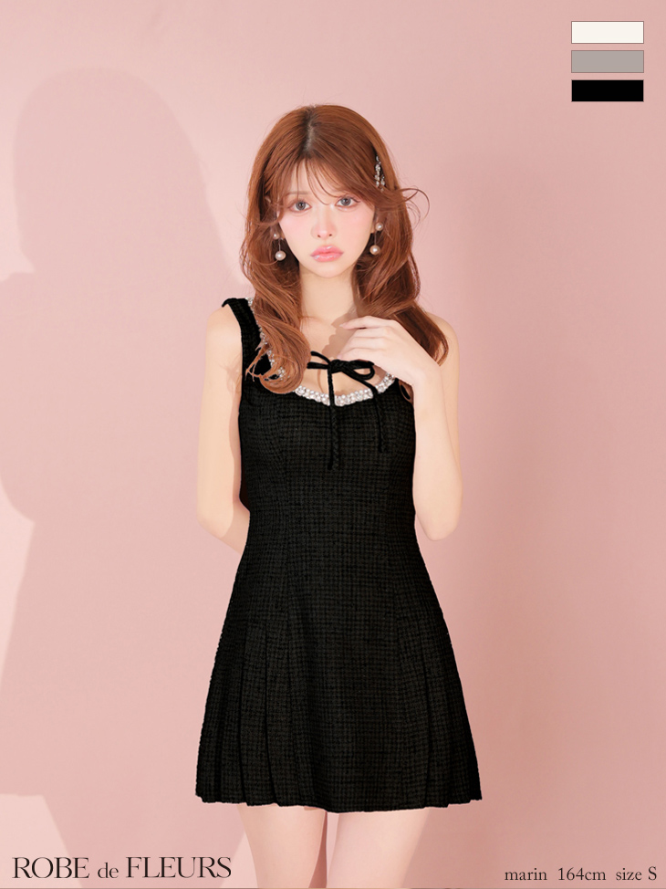 バストリボン プリーツスカート ノースリーブ ラメツイード ビジューライン フレアミニドレス