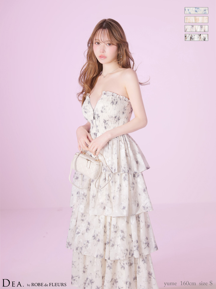 ベアトップ フラワージャガード ティアード シフォン ジップデザイン Aラインロングドレス