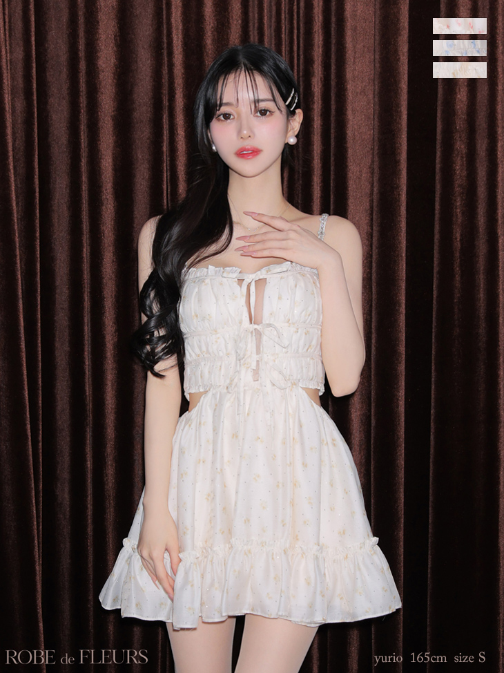 フラワー スタッズ リボン キャミソール シフォン ウエストカット ビジュー ガーリー フレアミニドレス