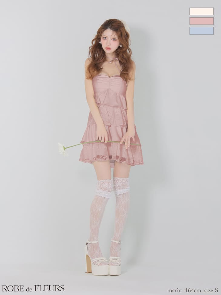 リボン スパンコール レース ティアードフリル ベア ホルターネック フレアミニドレス