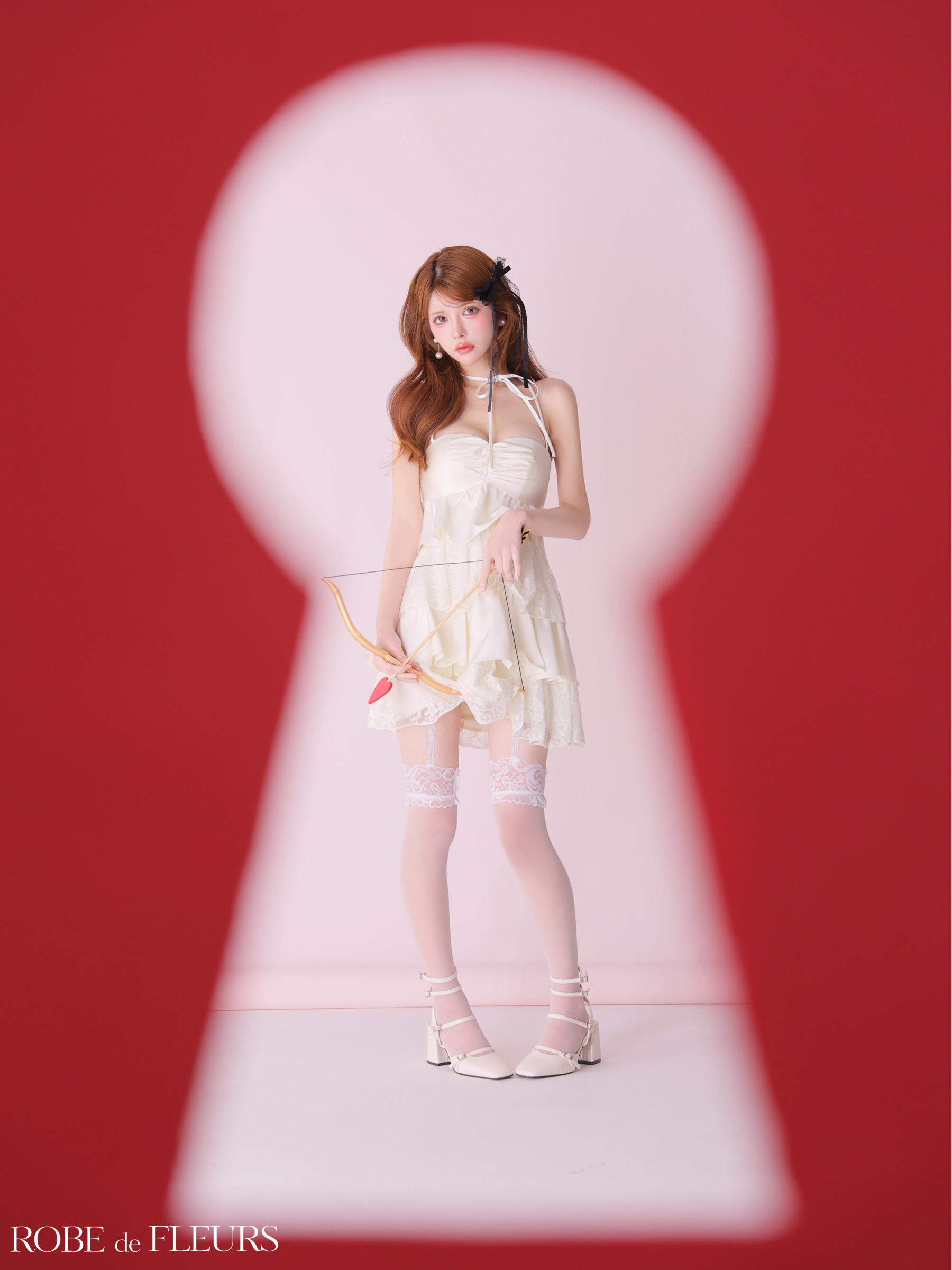 ベア ホルターネック リボン スパンコール レース ティアードフリル フレアミニドレス