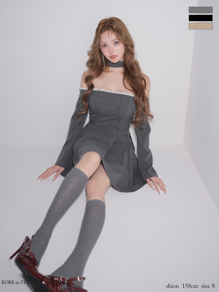 チョーカー付き オフショルダー レース 長袖 ダブルボタン ストライプ フレアミニドレス