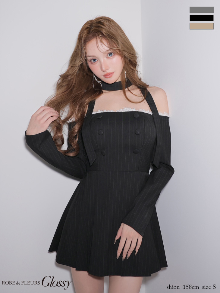 チョーカー付き オフショルダー レース 長袖 ダブルボタン ストライプ フレアミニドレス