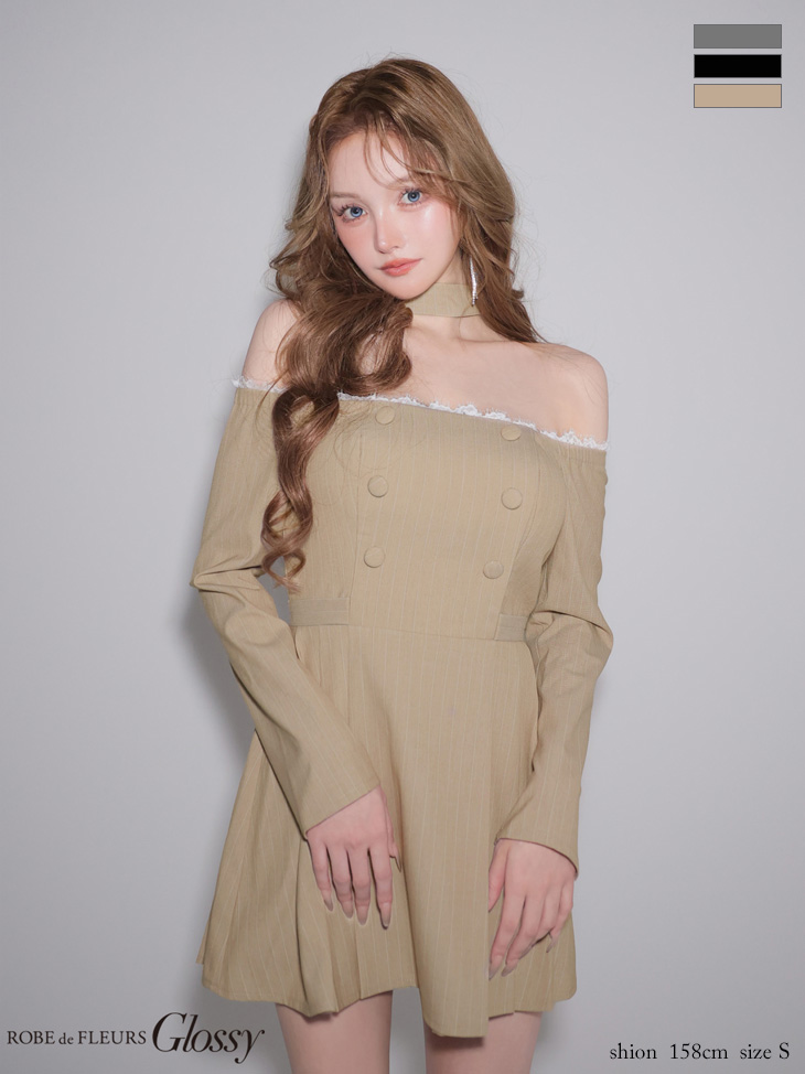 チョーカー付き オフショルダー レース 長袖 ダブルボタン ストライプ フレアミニドレス