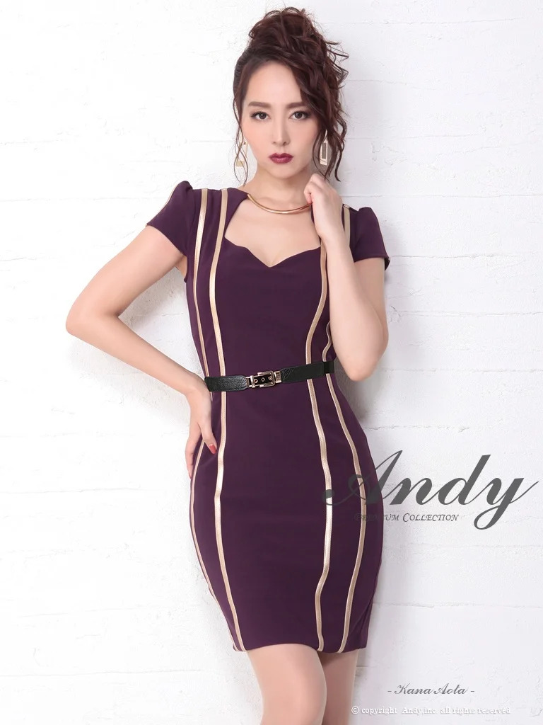 ゴールド 縦ライン ベルト カットアウト 半袖 タイトミニドレス