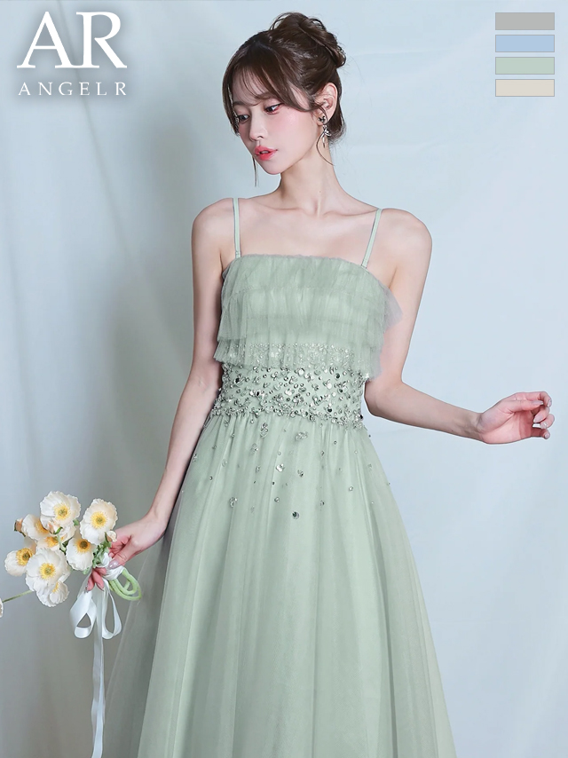 キャミソール 2way チュール ベアトップ アッパーフリル ウエストビジュー Aラインロングドレス