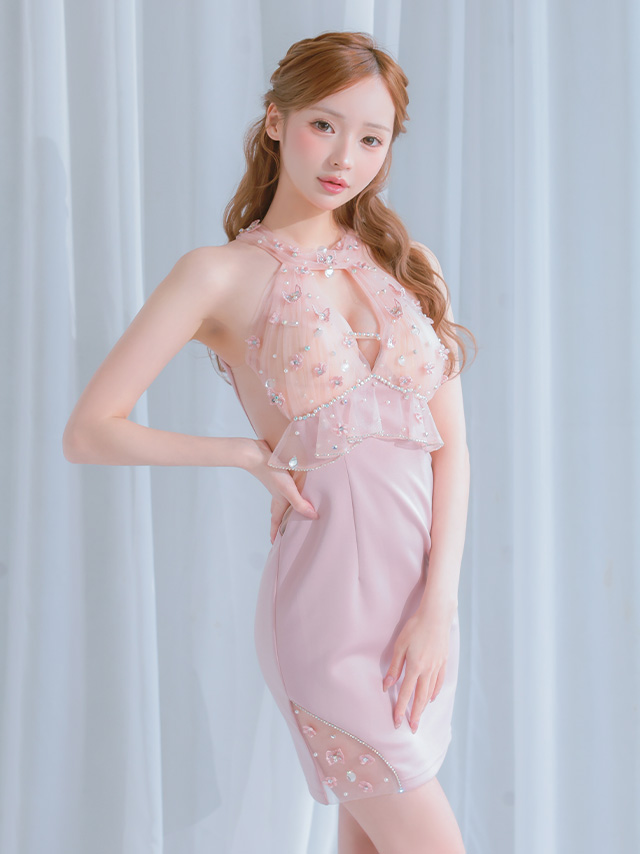 くびれ透け バストカット ホルターネック フラワー レース フリル ビジュー フェミニン タイトミニドレス