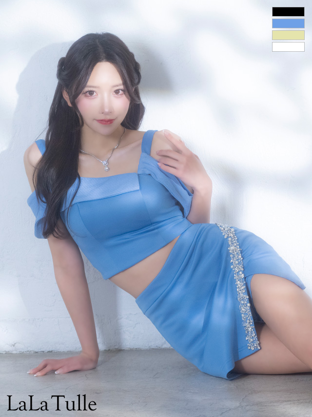 肩あき アシンメトリー ビジュー スリット セットアップ フェミニン タイトミニドレス