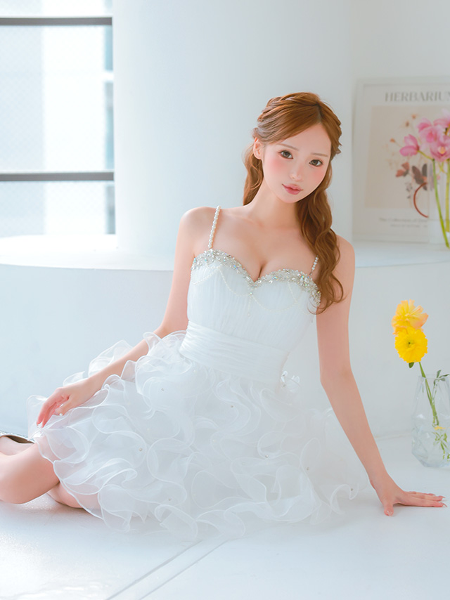 ハートカット キャミソール ビジュー フリル バースデー ベアトップス パールチェーン ウエストマーク フレアミニドレス