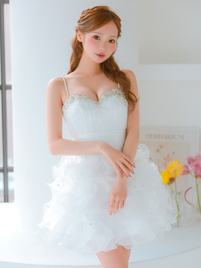 ハートカット キャミソール ビジュー フリル バースデー ベアトップス パールチェーン ウエストマーク フレアミニドレス