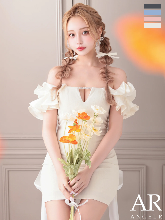 肩あき バストチャーム フリルスリーブ 半袖 ガーリー ビジュー フレアミニドレス