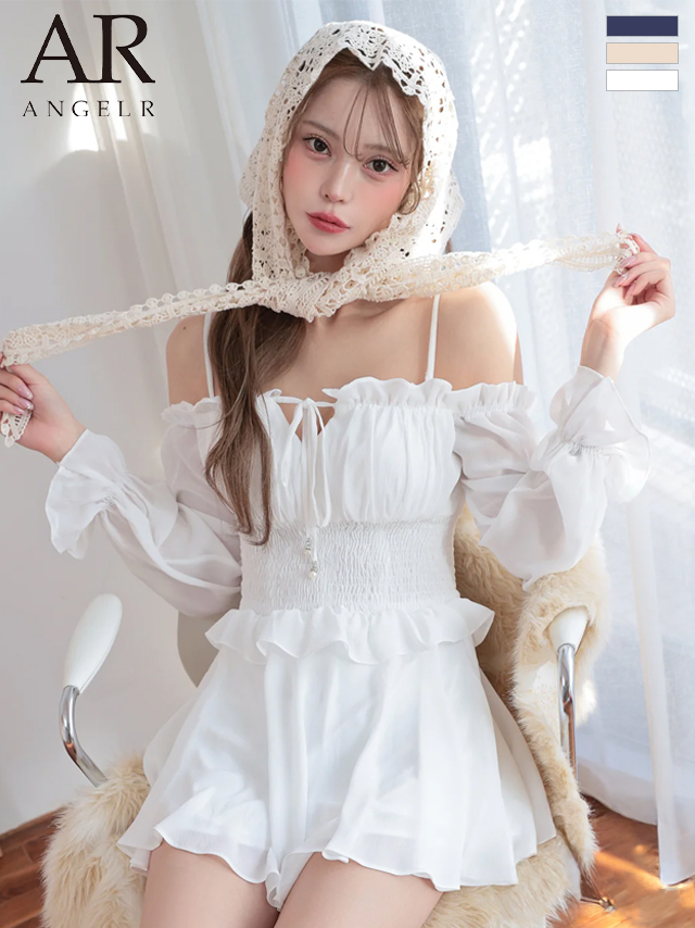 オフショルダー 2way 肩あき 長袖 フリル リボン シャーリング フレアミニドレス