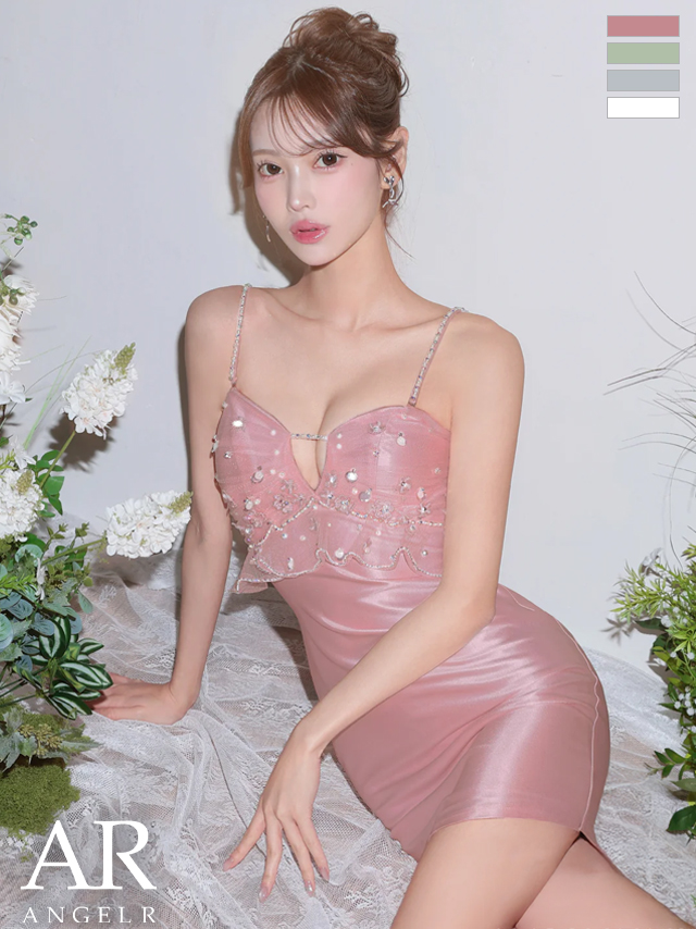 キャミソール 2way ベアトップ フリル パール ビジュー フェミニン　フラワーデザイン タイトミニドレス