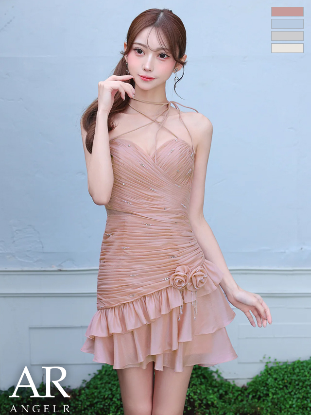 フリル フラワーモチーフ ネックリボン クロスネック ギャザー ウエストカット フレアミニドレス