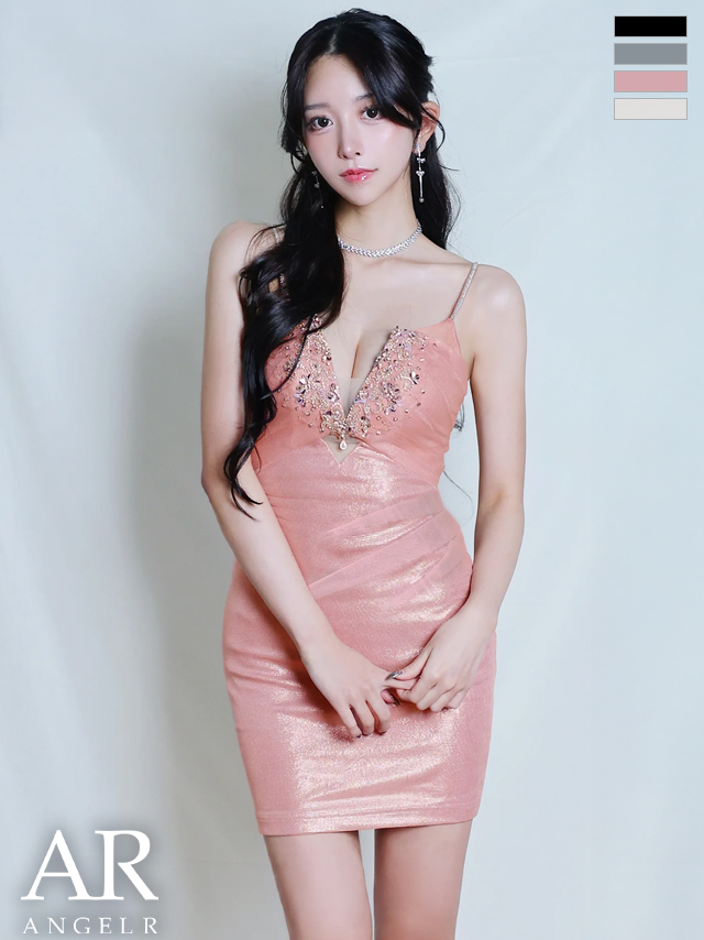 キャミソール バストVカット ウエストタック ビジュー タイトミニドレス